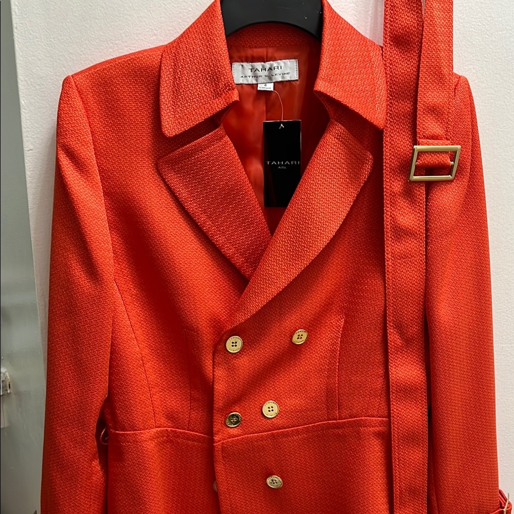Tahari Vibrant Red Blazer with Gold Accents